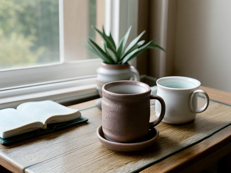 Primer plano de un celular apoyado en un tazón de cerámica junto a un té frío.
