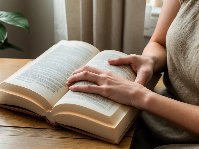 Primer plano de manos sobre un libro en el abdomen practicando respiración diafragmática