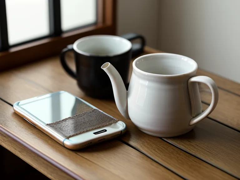 Teléfono celular apoyado en una taza de té para grabar una sesión de canto casera